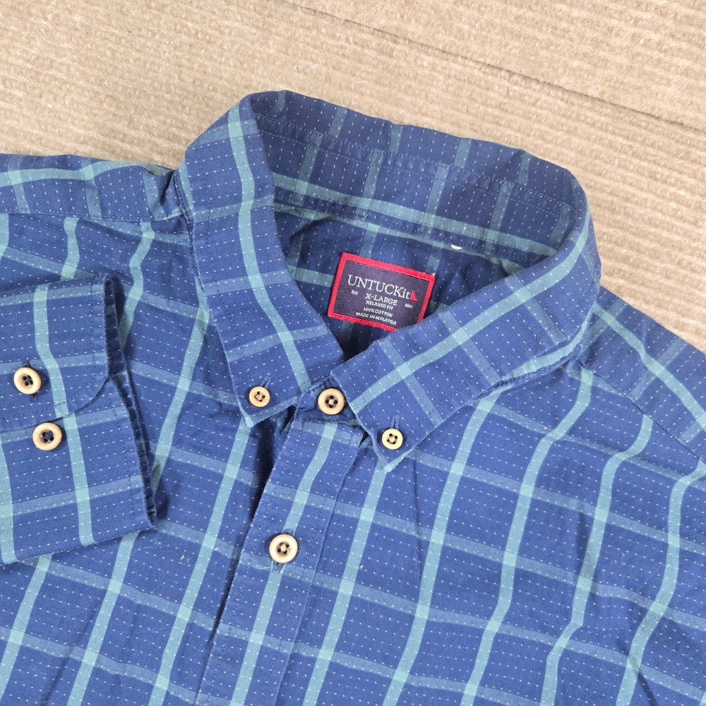 UNTUCKit Mens XL Blue Corison Plaid Relaxed Fit Button Down Shirt